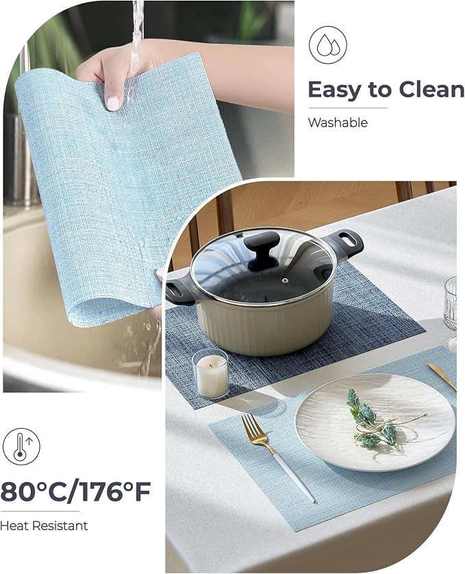 Leetaltree Soft Sky Blue Woven Placemats Set of 12 - Heat Resistant Non-Slip Place mats for Dining Table, Washable Durable PVC Vinyl Woven Table Mats(Sky Blue, 12)