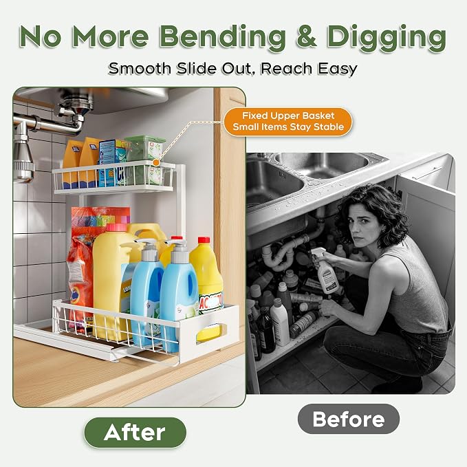 Under Sink Organizer, 2-Pack L-Shaped Metal Pull-Out Drawers for Kitchen | Cabinet Organizer Height Adjustable Heavy Duty Metal 2-Tier Storage Fits Beside Common Pipes for Bathroom Pantry