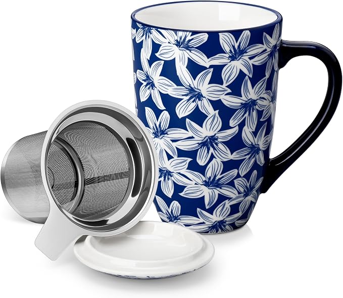 vancasso SELENE Porcelain Tea Mug, 18 oz Porcelain Tea Cup with Infuser and Lid Steeps Loose Leaf Tea, Microwave & Dishwasher Safe, Blossom Cluster