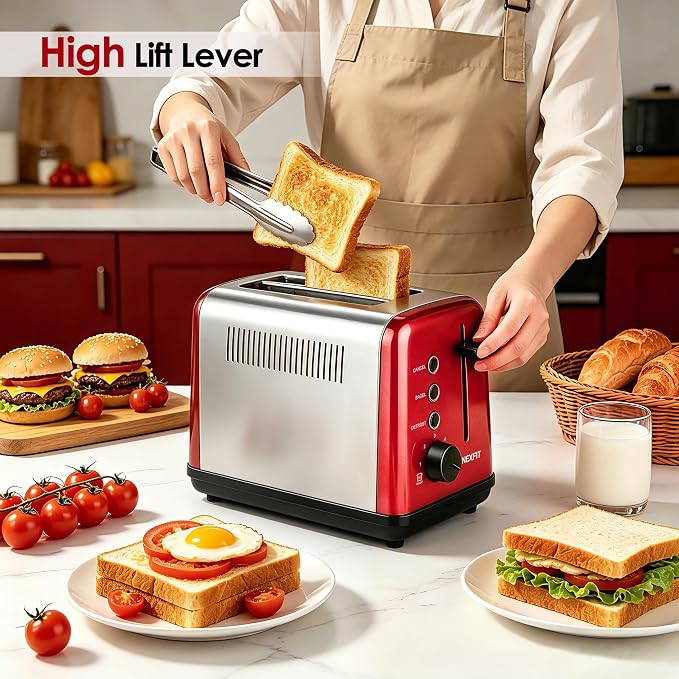 Toaster 2 Slice, Stainless Steel, 6 Shade Settings, 1.5" Extra Wide Slots | NEXFIT Retro Toaster with Bagel, Defrost, Reheat & Cancel Functions, 900W, Removable Crumb Tray, High Lift, Cord Wrap, Red