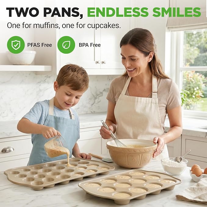 NutriChef Variety 2 Pack Muffin & Cupcake Tray Beginner Baking Set | 12-Cavity Muffin Tray & 24-Cavity Cupcake Tray for Baking | Carbon Steel Bakeware Set | Oven Safe Up To 450°F | Champagne