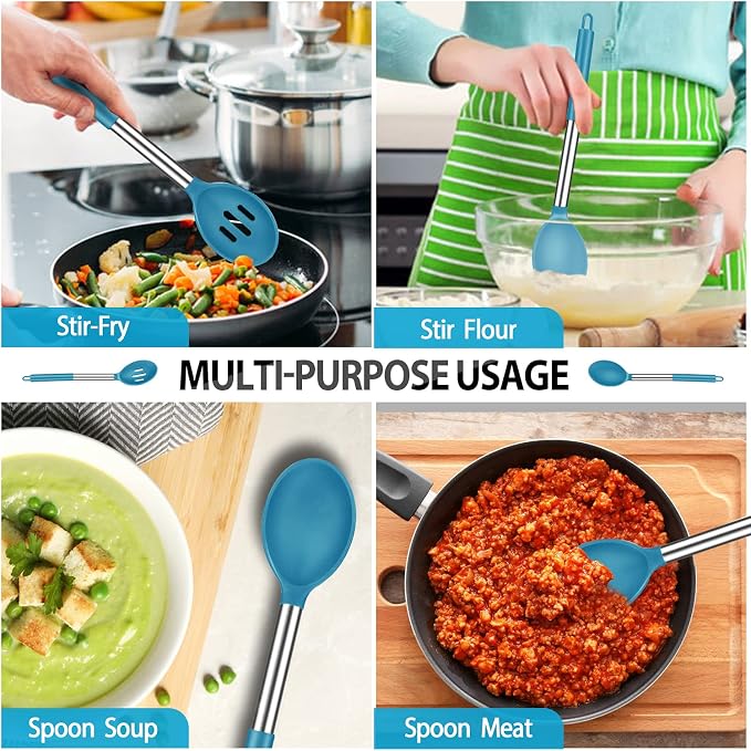 Large Silicone Cooking Spatulas and Spoons, BPA Free, 4 Pack (Blue) | Slotted & Solid Stainless Steel Cooking Utensils Set, Non-stick Heat Resistant Kitchen for Baking, Fried, Stir-Fry, Serving