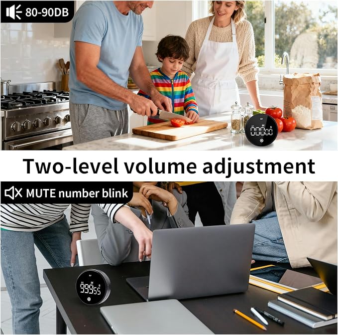 Digital Kitchen Timer, Magnetic Visual Countdown Countup Timer with Large LED Display, Adjustable Volume, Easy for Seniors and Kids, for Cooking, Classroom, Fitness, Study (2 * Black)