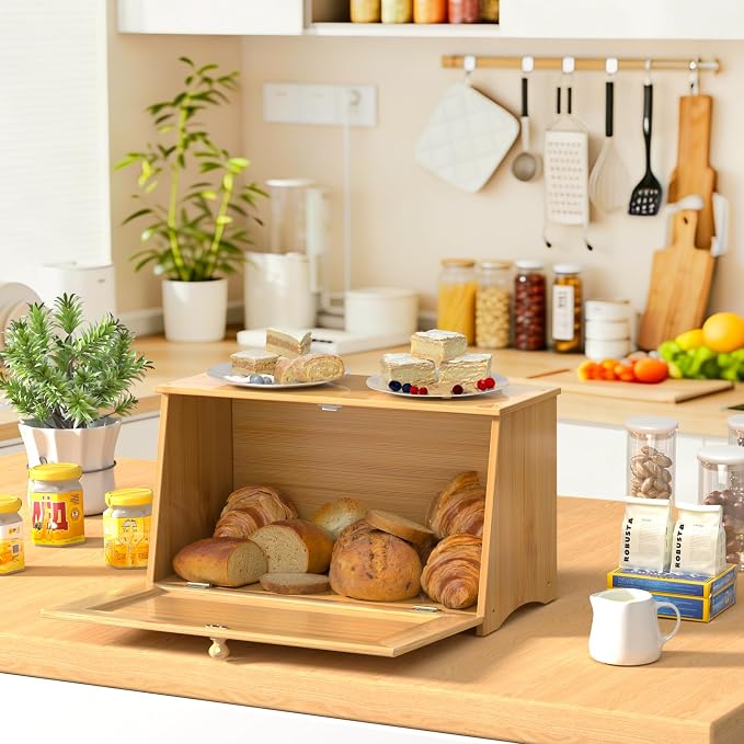 Vintage Bread Box for Kitchen Countertop, Retro Design Bread Storage Container, Farmhouse Wooden Counter Breadbox, Small Bamboo Bread Bin Holder for Homemade Bread, Natural