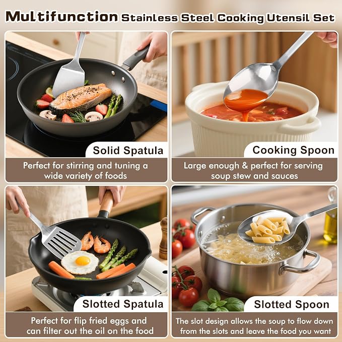 4 Pcs Cooking Utensils Set, Stainless Steel Kitchen Utensils, Heat Resistant Metal Kitchen Tools Include Slotted Turner Wok Spatula, Solid & Slotted Serving Spoon, Ladle, Easy to Clean, Silver