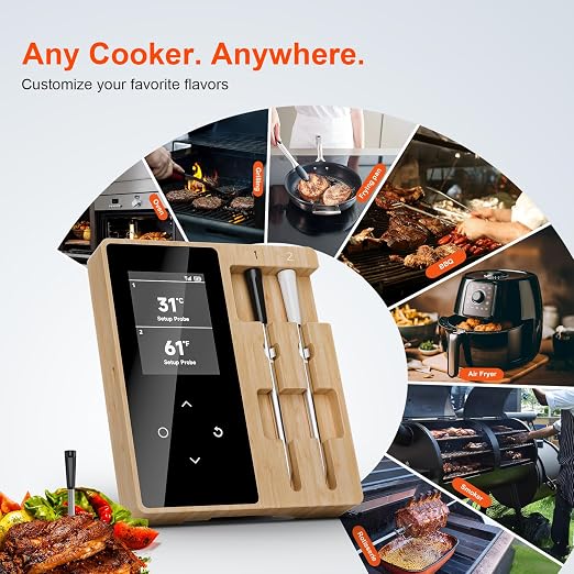 Wireless Smart Food & Meat Thermometer Digital with Dual Ceramic Probe | Standalone Display Base Real-time Monitoring ±0.5°F Accuracy,Heat-resistant,Bluetooth 3000FT Range iOS & Android APP Control