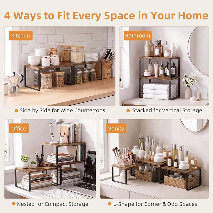 LAMU Cabinet Organizer Shelf, Set of 4 Expandable Kitchen Counter Shelve Plate Organizer for Cabiner, Stackable Spice Rack, CupBoard Organizers and Storage, Brown