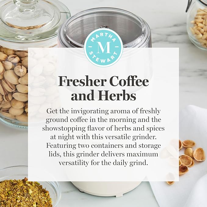 Martha Stewart Electric Coffee & Spice Grinder with Dual Bowls, Linen Cream | Dual 2.5oz Removable Bowls for Coffee Beans, Nuts, Herbs & Spices, Stainless Steel Blade, One-Touch Pulse Control, Easy Clean