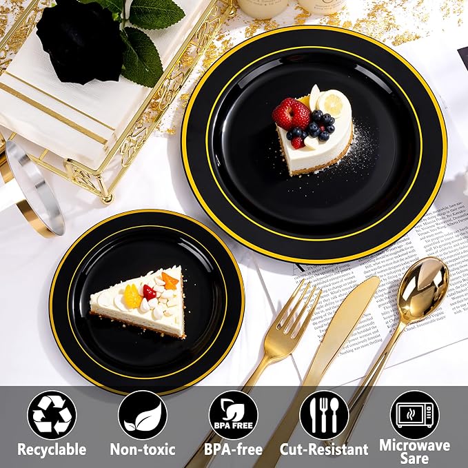GATHER 700PCS Black Plastic Plates 100 Guest for Wedding Party Birthday | Black and Gold Disposable Plastic Dinnerware Set include 200 Plates, 300 Silverware, 100 Napkins, 100 Cups for Retirement