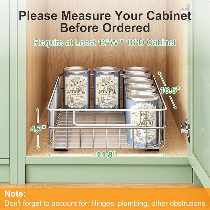 Pull out Cabinet Organizer, Stainless Steel 2-Pack Slide out Drawer with Silent Full-Extension Slides, Adhesive Roll out Can Spice Storage Basket Shelf Rack for Pantry, Kitchen, Bathroom, Home Closet