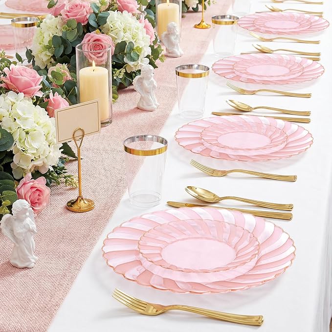 YOUBET 125Pieces Clear Pink Plastic Plates with Gold Rim - Gold Plastic Silverware Include 25 Dinner Plates 25 Dessert Plates 75 Golden Silverwares for Wedding Birthday & Parties Easter Mothers Day | Pink Plastic Dinnerware Set Include 25 Dinner Plates...