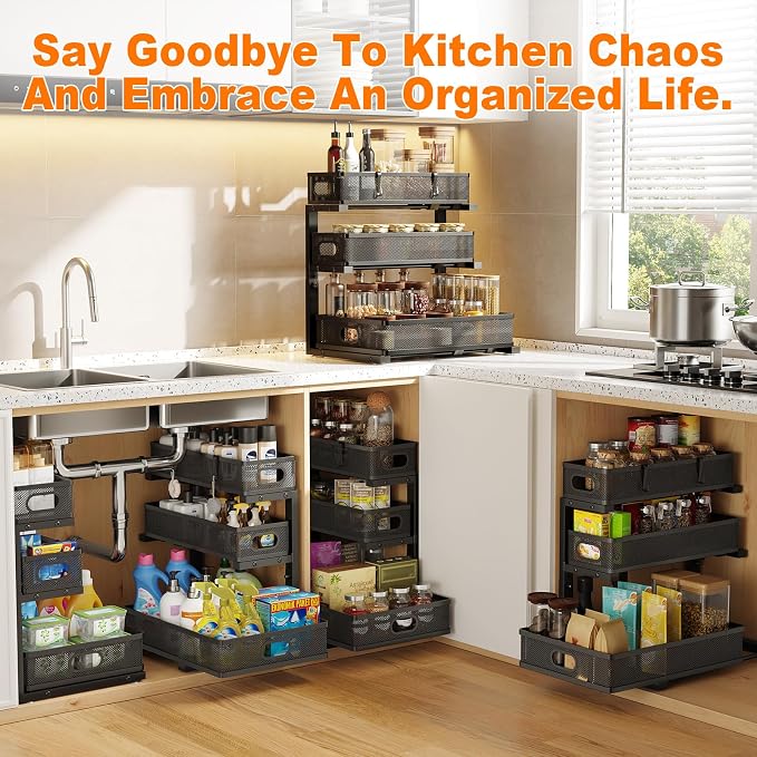 3 Tier Under Sink Organizer,Black Metal Pull Out Kitchen Cabinet Organizers, Slide Out Under Sink Storage Drawers, Undersink Organizer,Bathroom Counter Shelf, Pantry Organization and Storage （2 Pack）