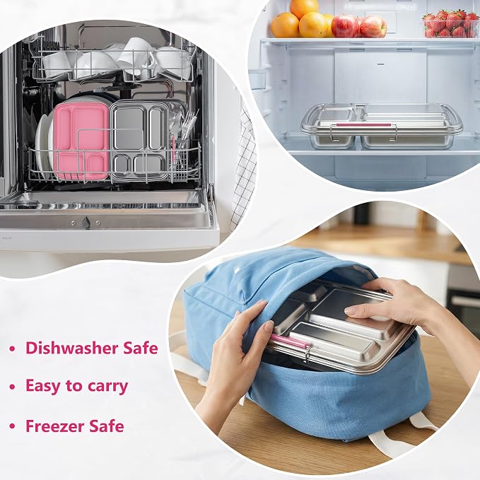 Stainless Steel Bento Lunch Box for Kids & Adults, 4 Compartment Kids Lunch Box, Metal Bento Box with Silicone Container and Stainless Steel Sauce Container,BPA-Free,School,Office(Pink)
