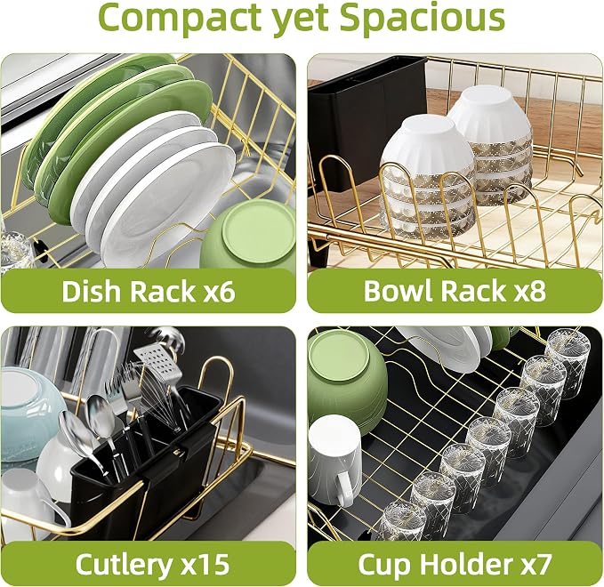 Golden Expandable Dish Drying Rack-Extra Large Stainless Steel Dish Drainer Over The Sink for Kitchen Countertop with Utensil Holder, Applicable for Sink Width 16'-22' (Gold,23.2'*12.2')