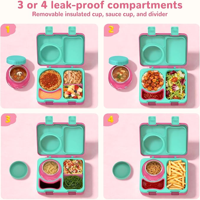 Bento Box for Kids, Leakproof Kids Lunch Box with 8.5OZ Thermo Food Jar & Lunch Bag, 3-4 Compartments Toddler Insulated Lunch Box for Girls, BPA Free Lunch Containers for School Daycare