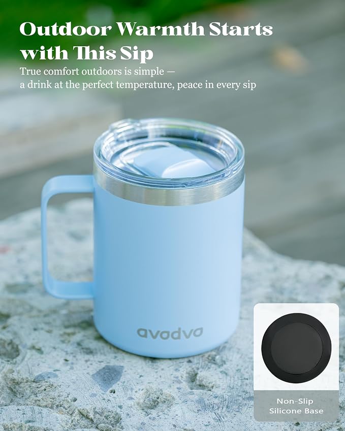 12oz Insulated Coffee Mug with Lid – Includes Two Lids, Stainless Steel Coffee Travel Mug with Handle, Double Wall Vacuum Insulated Camping Mug for Home, Office & Outdoor, Light Blue