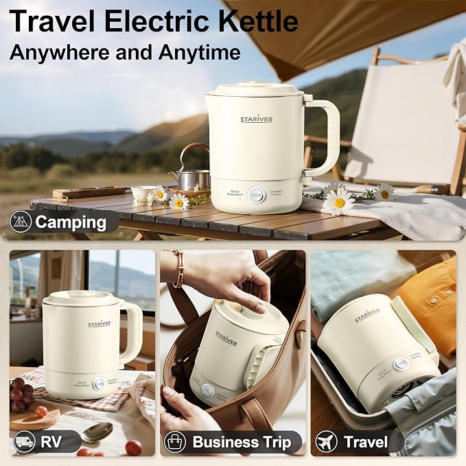 Stariver 0.6L Portable Electric Kettle, Stainless Steel Travel Kettle | Foldable Handle, Collapsible Design, Dual Power Modes, Compact for RV, Camping, Overheat & Boil-Dry Protection, Lightweight
