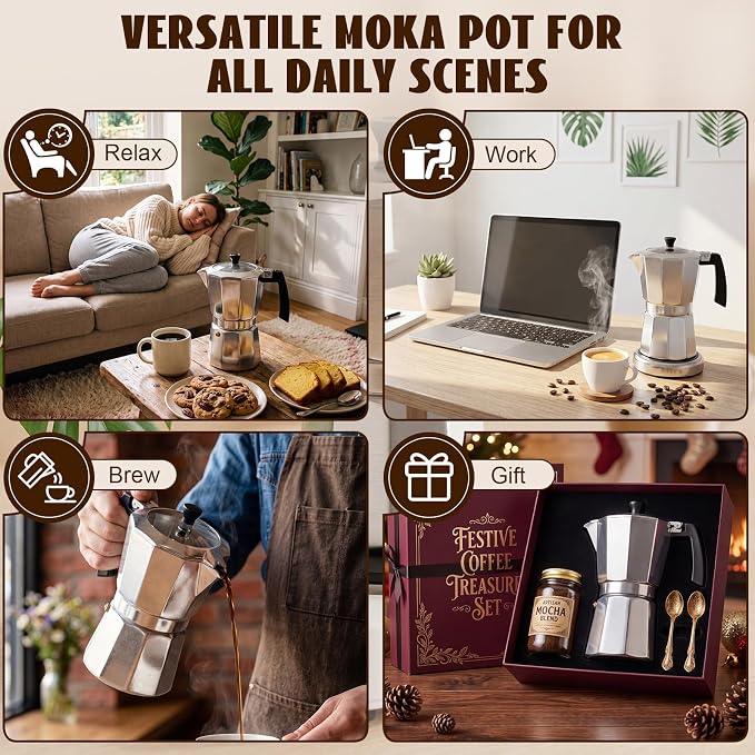 2 Pack Stovetop Espresso Maker 450ml 9 Cup Moka Pot, Classic Silver Aluminum Coffee Maker, Italian Machine for Gas or Electric Stove, Rich Espresso Cappuccino Latte