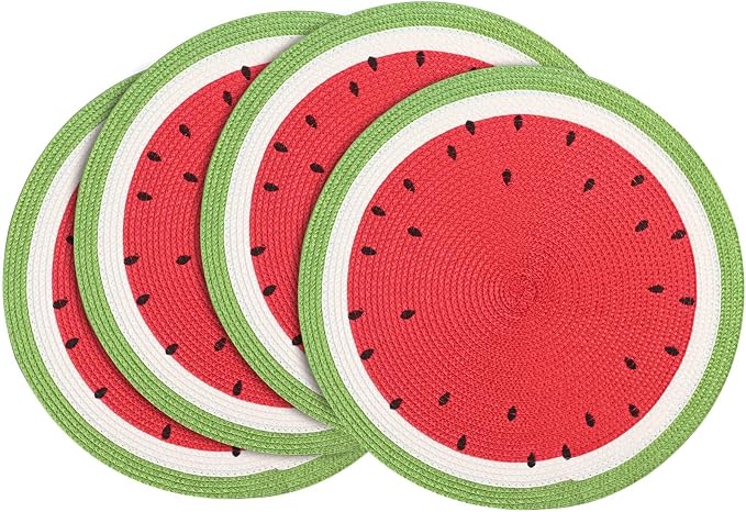 Zupro Round Watermelon Placemats Set of 4 Braided 15" Indoor Outdoor Usage | Embroidery Motif Heat Resistant Non-Slip Washable,for Kitchen Dining Tables Dinner Parties holiday and Everyday Use