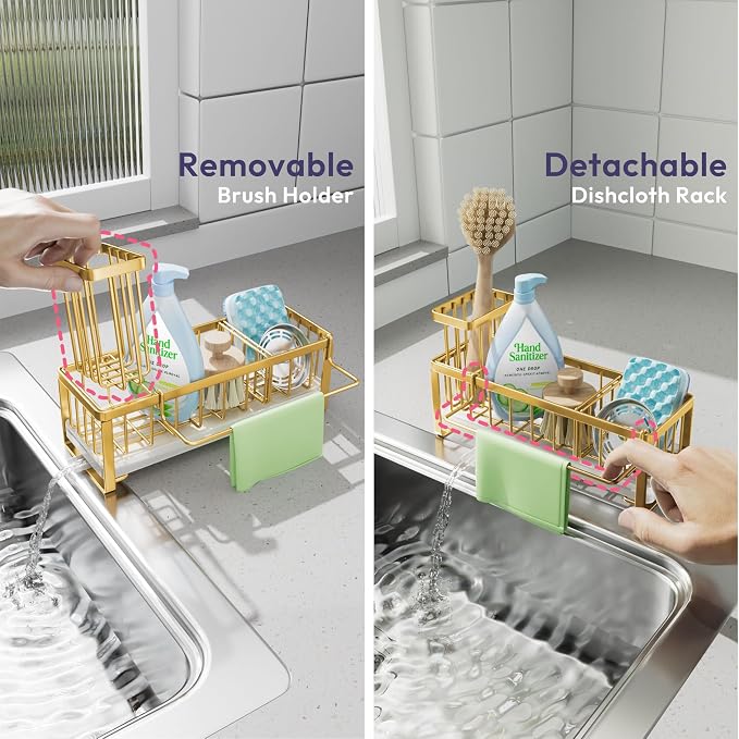 SWTYMIKI Sponge Holder for Kitchen Sink - Sink Caddy with Brush Holder Self-draining Sponge Caddy Organizer with Divider Stainless Steel Kitchen Accessories Storage for Countertop, Gold