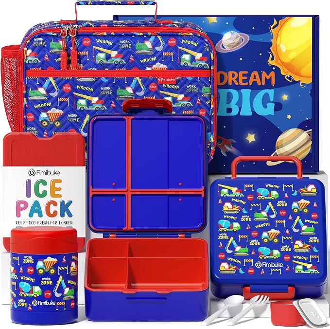 Fimibuke Kids Bento Snack Lunch Box with Thermo Insulated Toddler Lunch Bag | Lunch Box Kids with 4 Compartment, Food Jar, Ice Pack, Utensils, Birthday Gifts for Ages 3-12 Back to School Toddler Girl Boy