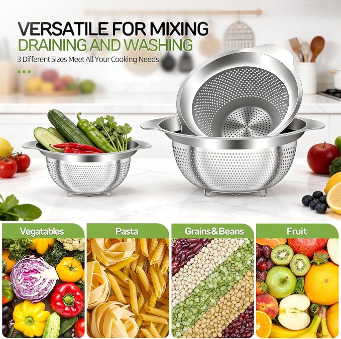 QCQHDU Stainless Steel Colander for Kitchen Pasta Rice Strainer for Spaghetti Fruit Vegetables Cooking Food, 3 Quarts Metal Mesh Stainless Steel Strainers and Colanders, Dishwasher Safe, 1 Pack