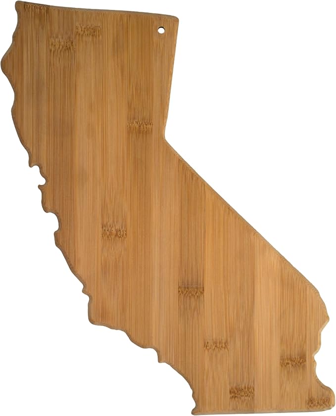 Totally Bamboo 20-7962CA California State Shaped Bamboo Serving and Cutting Board | State charcuterie board with natural bamboo grain. Knife-friendly surface for food prep. Hang tie for wall display.