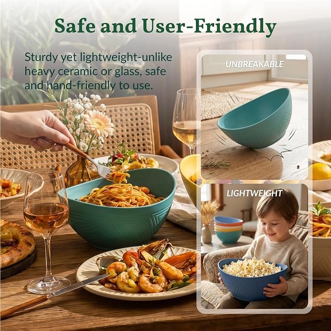60oz Wheat Straw Bowls Set of 6 Salad Bowls Large Popcorn Bowl Unbreakable Serving Bowls Microwave & Dishwasher Safe Bowl Set Centerpiece Bowls for Kitchen, Party, Decor, Camping (Multi)