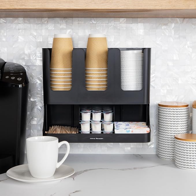Mind Reader Condiment Station, 13 Inch Countertop Coffee Bar Organizer with 6 Compartments, Storage Caddy for Cups, Lids and Packets, Plastic, Black