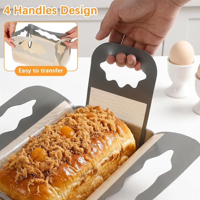 2Pcs Silicone Bread Pan Liner Reusable Baking Mat Fits 9x5" Loaf Pans | Non-Stick, Heat Resistant Loaf Pan Lifters with 4 Handles