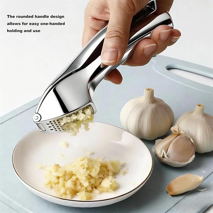 Stainless Steel Garlic Press Set Peeler & Cleaning Brush | Ergonomic soft handle, large chamber, rustproof and dishwasher safe