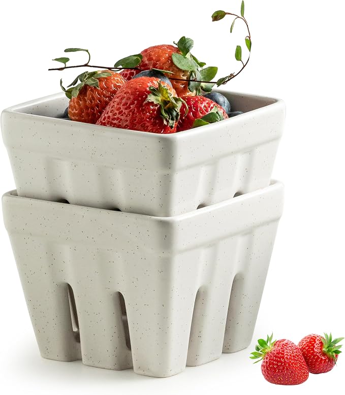 Gomakren Berry Bowl Set of 2, Ceramic Berry Basket, Square Fruit Bowls with Holes, Rustic Fruit Basket Containers for Kitchen Fridge, Berries, Strawberry, Grape, Cherry, Cream White
