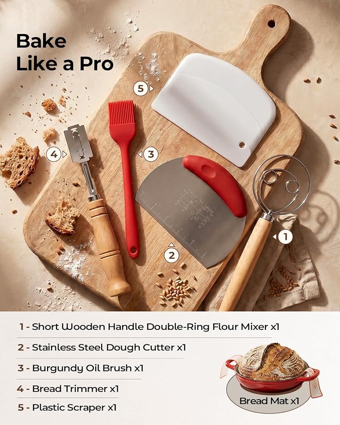 5QT Enameled Cast Iron Sourdough Bread Oven & Starter Kit, Red | Tight-fitting Dome Lid Helps Retain Steam, Baking Kit Supports Proofing, Scoring & Dough Transfer, Complete Artisan Bread Set