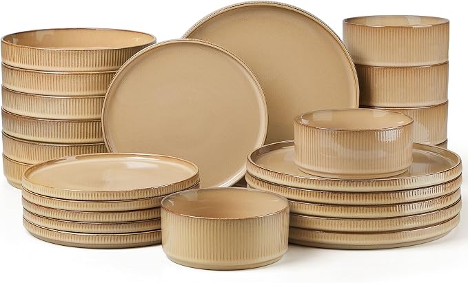 LIANYU 24 Piece Dinnerware Plates and Bowls for 6, Ceramic Elegant Stoneware Dishes Sets with Pasta Bowls, Modern Ribbed Dining Ware Dishware for Restaurant Wedding, Dishwasher Safe, Dune Khaki