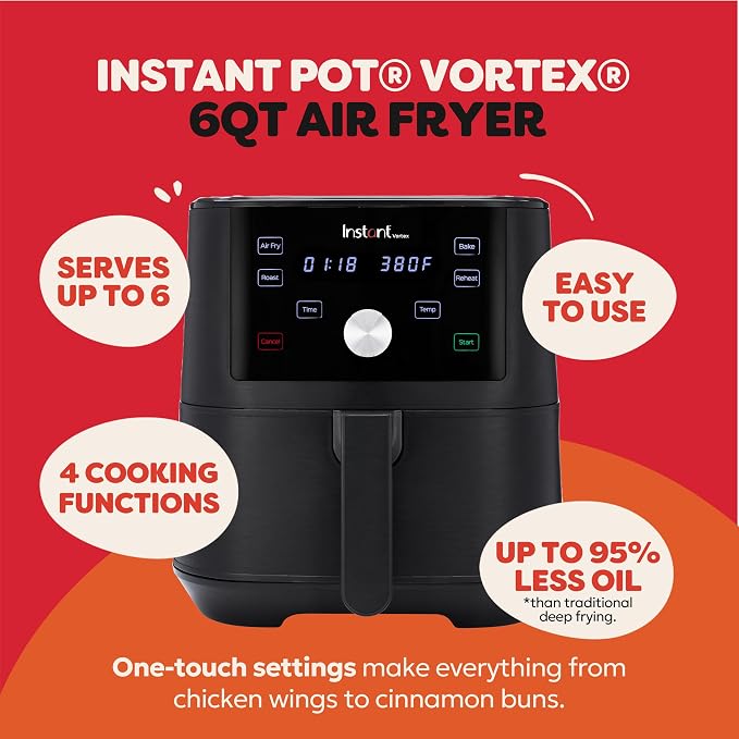 Instant Pot Vortex 6QT XL Air Fryer, 4-in-1 Functions that Crisps, Roasts, Reheats, Bakes for Quick Easy Meals, 100+ In-App Recipes, is Dishwasher-Safe, from the Makers of Instant Pot, Black