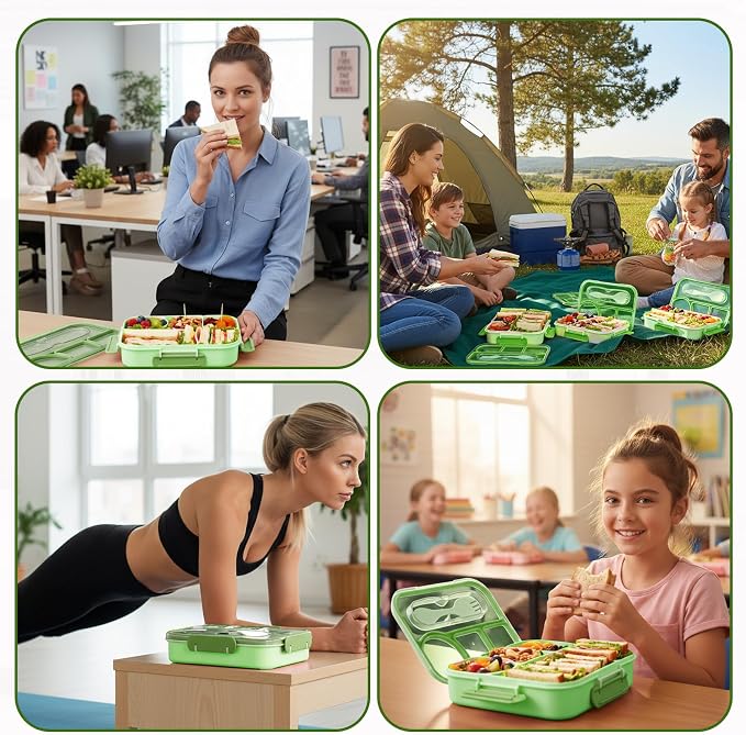 Bento Box for Adults, 4 Compartments Lunch Box, Lunch Containers, Green