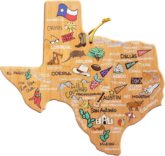 Totally Bamboo Texas State Shaped Cutting Board, Art by Fish Kiss | State charcuterie board with colorful hand-drawn map artwork. Smooth reverse side for food prep. Hang tie for wall display.