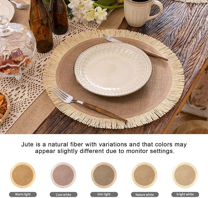 FunWheat Burlap Round Braided Placemats Set of 12 for Dining Tables 15 Inch Heat Resistant Jute Table Mats Farmhouse Woven Fabric Natural Place mats for Fall Decorations Indoor Outdoor(Beige)