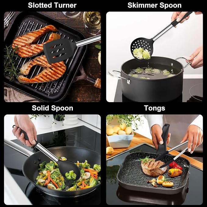 E-far Silicone Cooking Utensils Set, 7-Piece Black Kitchen Utensils Set | Heat Resistant Nonstick Cookware with Stainless Steel Handle, Slotted Turner, Spoon, Soup Ladle, Pasta Server, Skimmer, Tongs