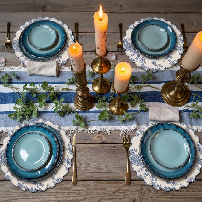 Set of 24 Blue Cotton Placemats 15" Round Scalloped Navy Blue | Double Layered Cotton Fabric, Washable Embroidery, Navy Blue Edge Edge, Rustic Table Mats for Wedding Dining Table Decor