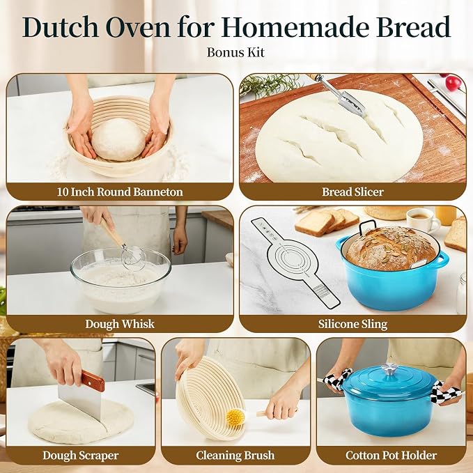 Enameled Cast Iron Dutch Oven pot 6.5 QT with Lid for Bread Baking | Cookware incl. Sourdough Bread-Baking Supplies like Banneton, Dough Whisk, Gloves, Oven Safe for Stews, Roasting, Sea Blue