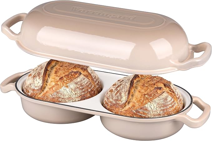 Enameled Cast Iron Double Dutch Oven with Lid, Dual Round Loaf Pan, Bread pan for Homemade Sourdough Bread Baking, Latte