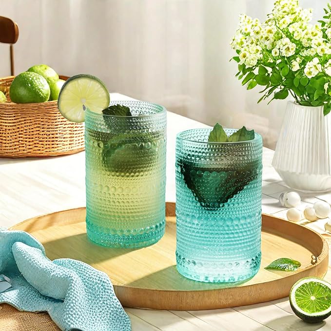 Hobnail-Drinking Glasses 13oz Vintage Glassware Sets Cocktail Juice Glasses Set of 6, Aqua