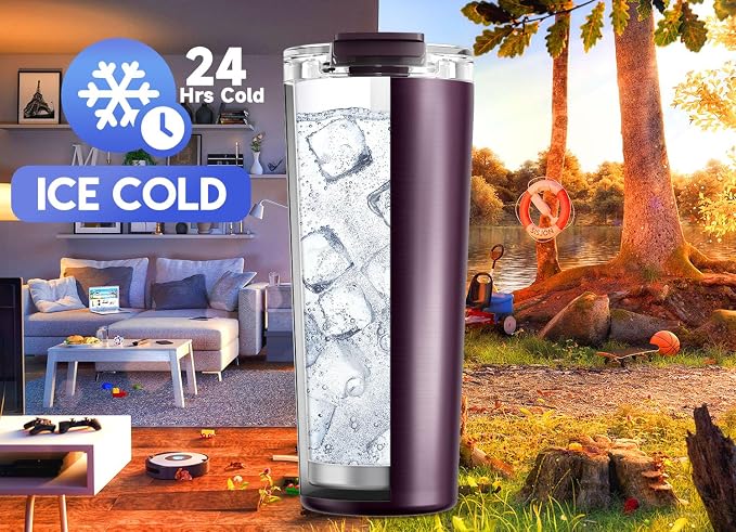 Meoky 24 oz Insulated Travel Coffee Mug: Leak Proof Lid, Plum | Stainless Steel Coffee Tumbler, Keeps Hot for 8 Hours or Cold for 24 Hours, Fits in Car Cup Holder, BPA Free