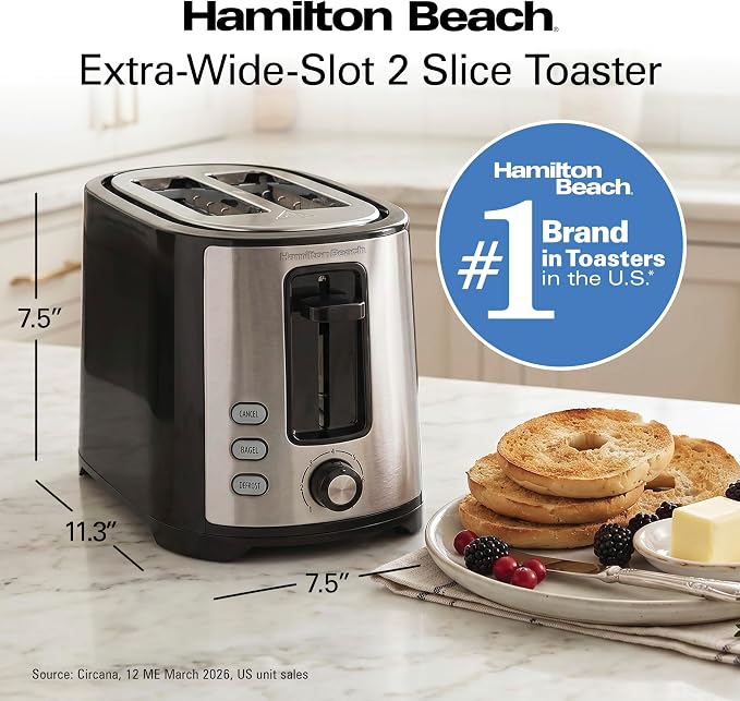 Hamilton Beach Extra-Wide Slot 2 Slice Toaster With Bagel & Defrost Buttons | Browning Control With 7 Shades | Auto Shutoff | Toast Boost | Slide-Out Crumb Tray | Black & Stainless Steel | 22633G