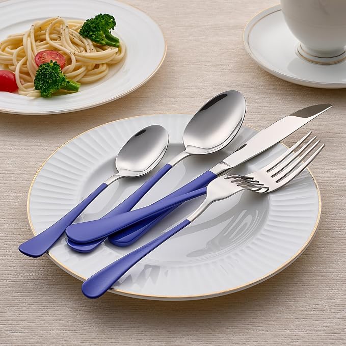 20-Piece Blue Silverware Set 18/0 Stainless Steel Silverware Set Blue Handle Cutlery Set Service for 4 Dinner Knives Forks Spoons Set Flatware Set Finish Dishwasher Safe