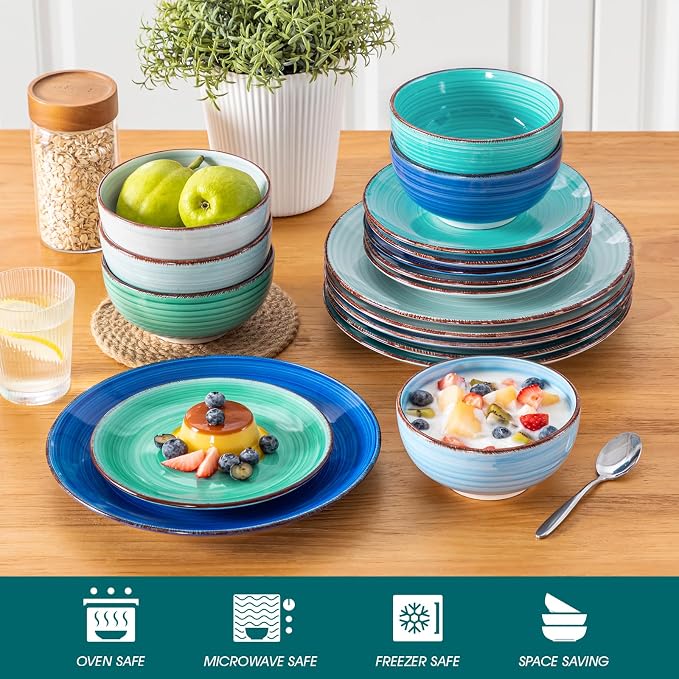 vancasso Bonita Plates and Bowls Set 18 Pieces Blue Stoneware Service for 6 | Modern Round Dinnerware Sets, Hand-Painted Spiral Dishes Set-Microwave and Dishwasher Safe (Blue,18 Pcs)