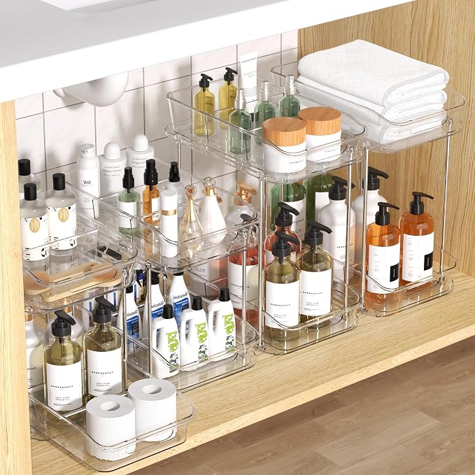 incostar 2 Tier Pull-Out Storage Organizer for Bathroom and Kitchen, Under Sink Organizer with Dividers, Ideal for Organizing Cupboard,Bathroom Vanities,Cabinet, Slide-Out Clear Storage, 4 Pack