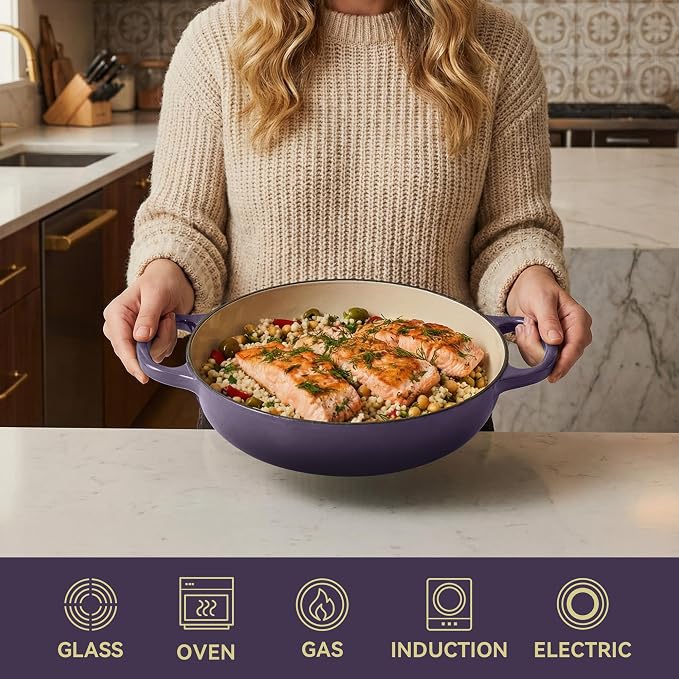 3 Quart Enameled Cast Iron Braiser, Non Stick Enameled Cast Iron Skillet with Lid, Dutch Oven Skillet with lid up to 500°F for Oven, Stove, Grill, Shallow Dutch Oven for Cook, Bake (Purple)