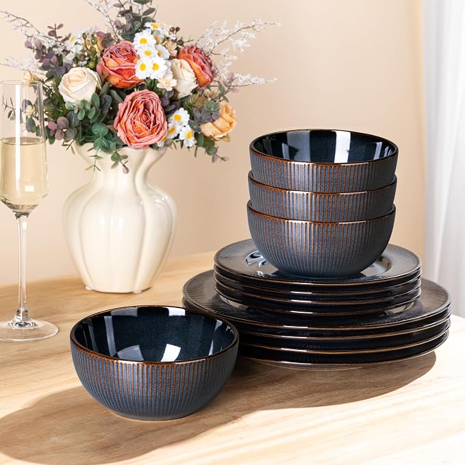 GBHOME Ceramic Dinnerware Sets of 4,12 pcs Plates and Bowls Sets Dishes | Embossed Elegant Stoneware Dishes Set | Dishwasher & Microwave Safe | Service for 4